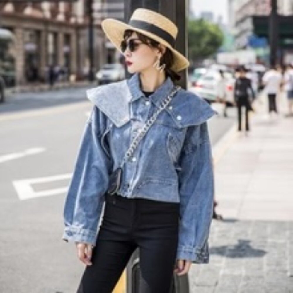 Bold Bib Collar Blue Jean Jacket – Trendy Cropped Cut - Picture 14 of 15